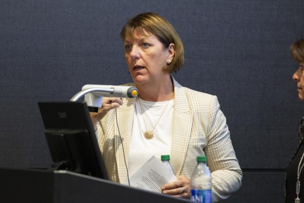 Provost Shirley Lefever speaks to the Faculty Senate on Aug. 28.