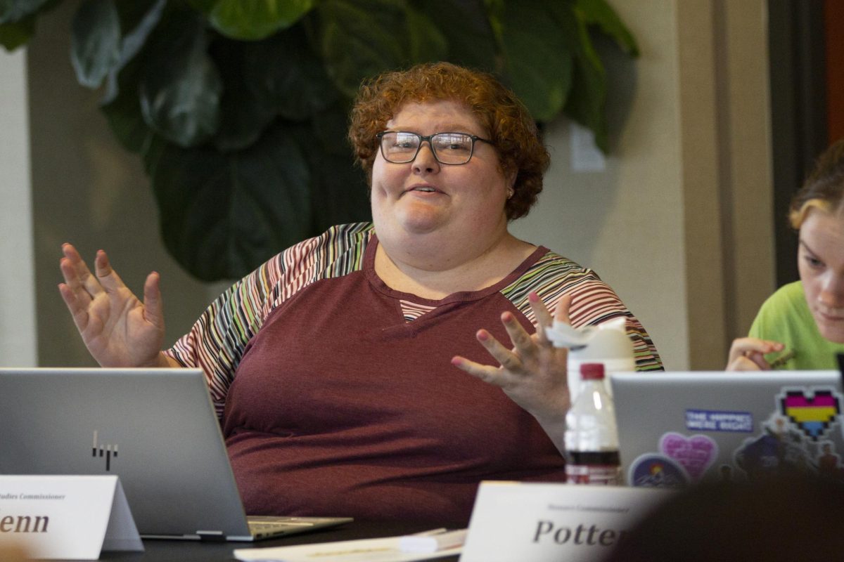 Marcha Glenn, applied studies commissioner, speaks at the funding committee meeting on Aug. 28. The group met to redo student organization allocations.