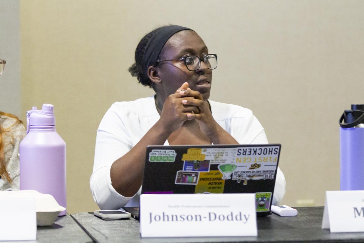 Health professions commissioner Hannah Johnson-Doddy speaks at the Student Funding Committee on Aug. 23. The committee went through over 70 organizations to either take away or add funds to each.