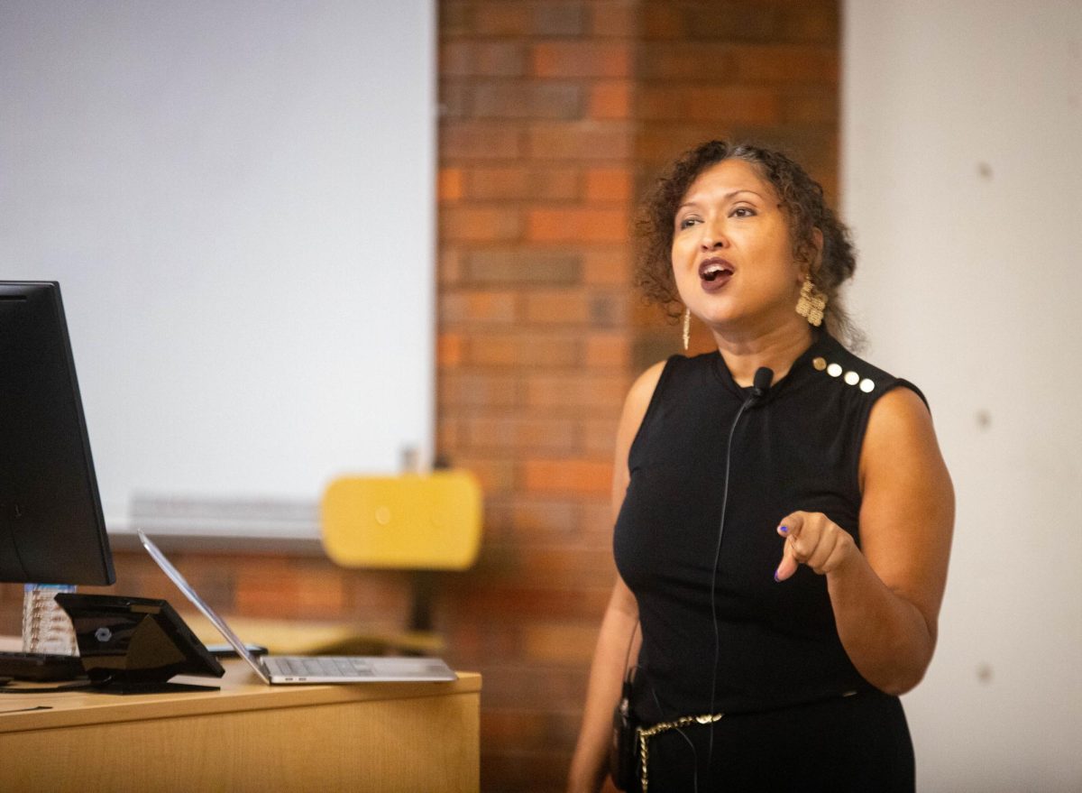 Amrita Myers, an associate professor of history and gender and womens studies at Indiana University, speaks at the Words by Women lecture series on Sept. 7.