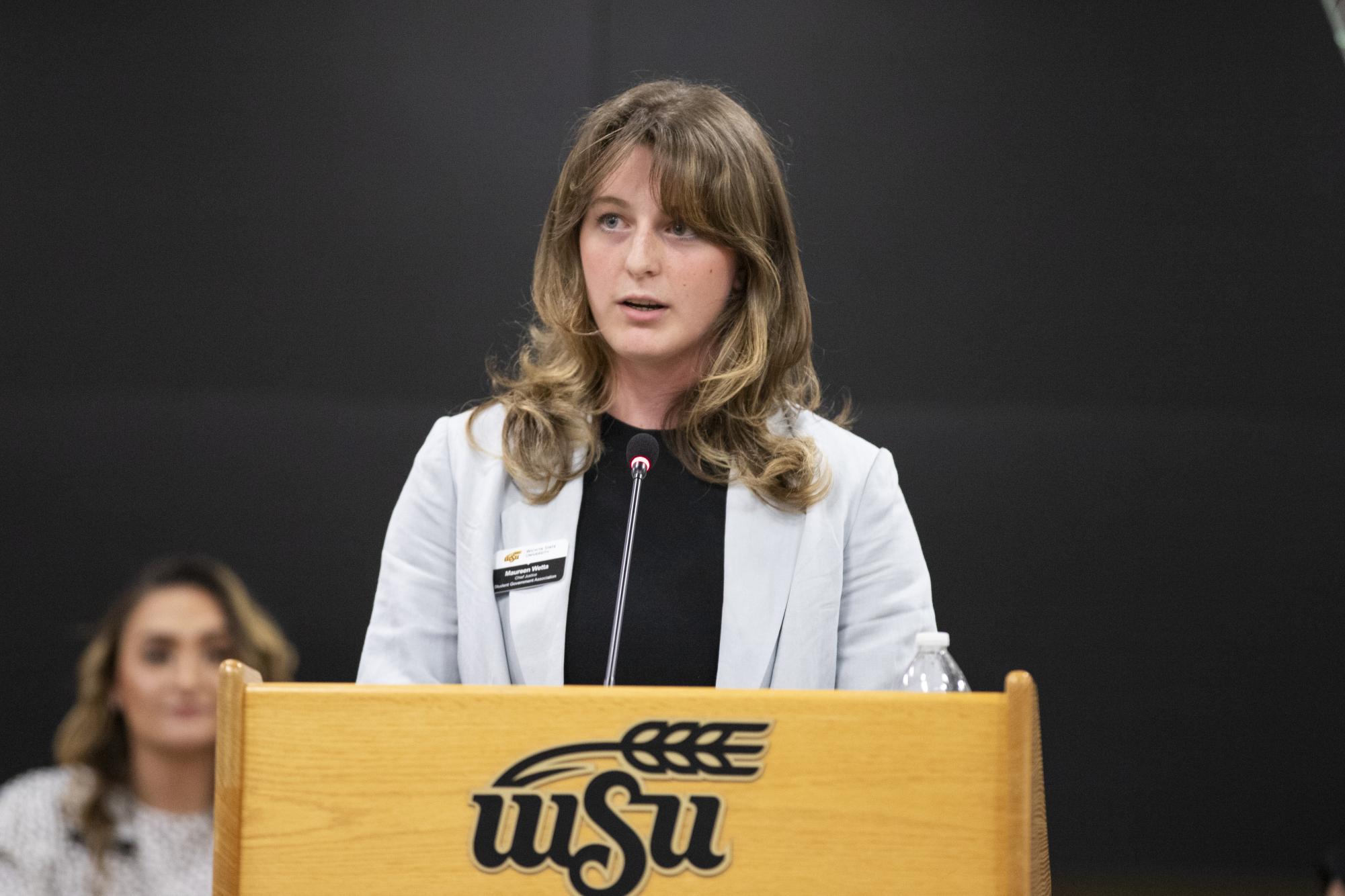 Chief Justice Maureen Wetta speaks to various people at Wichita State at the State of the Student Body on Sept. 6.