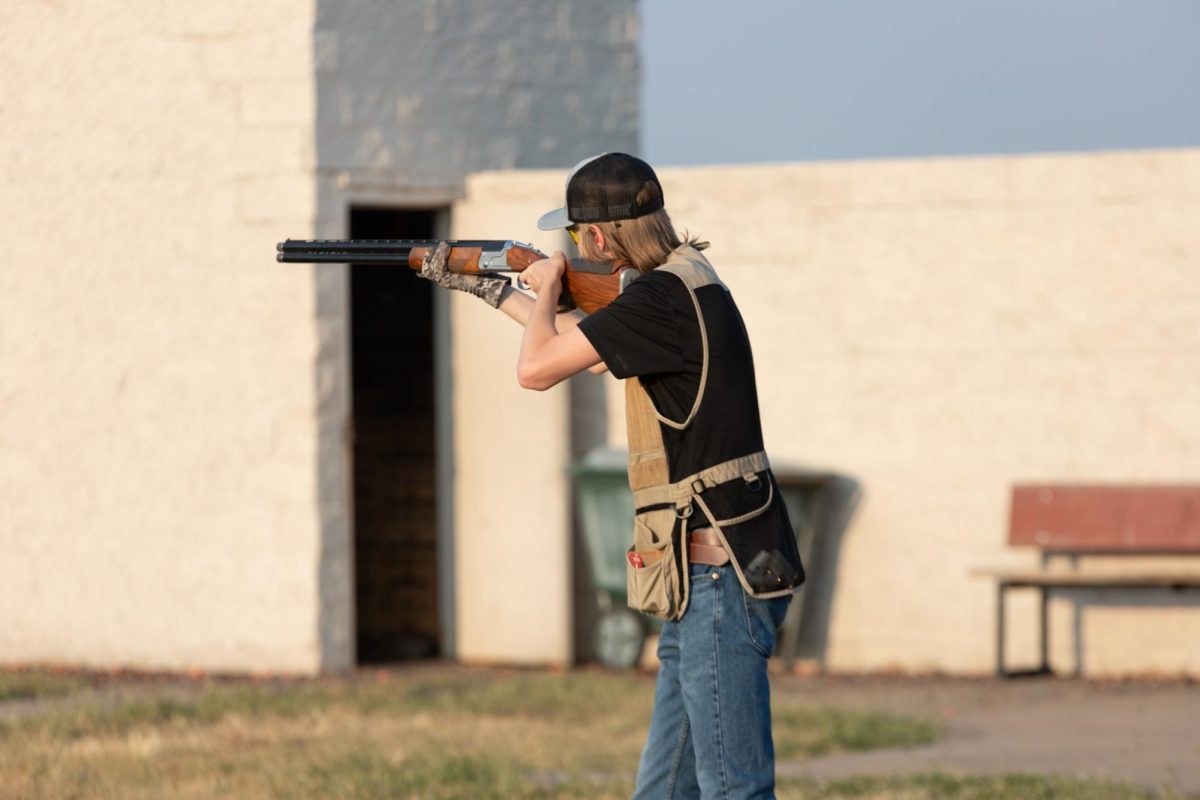 Hunter Orr tries shooting clay pigeons during the Wichita State Shooting Team practice on Sept. 6. The team hosts practice at Ark Valley Gun Club three times a week and competes about once a month in Kansas and surrounding states. 