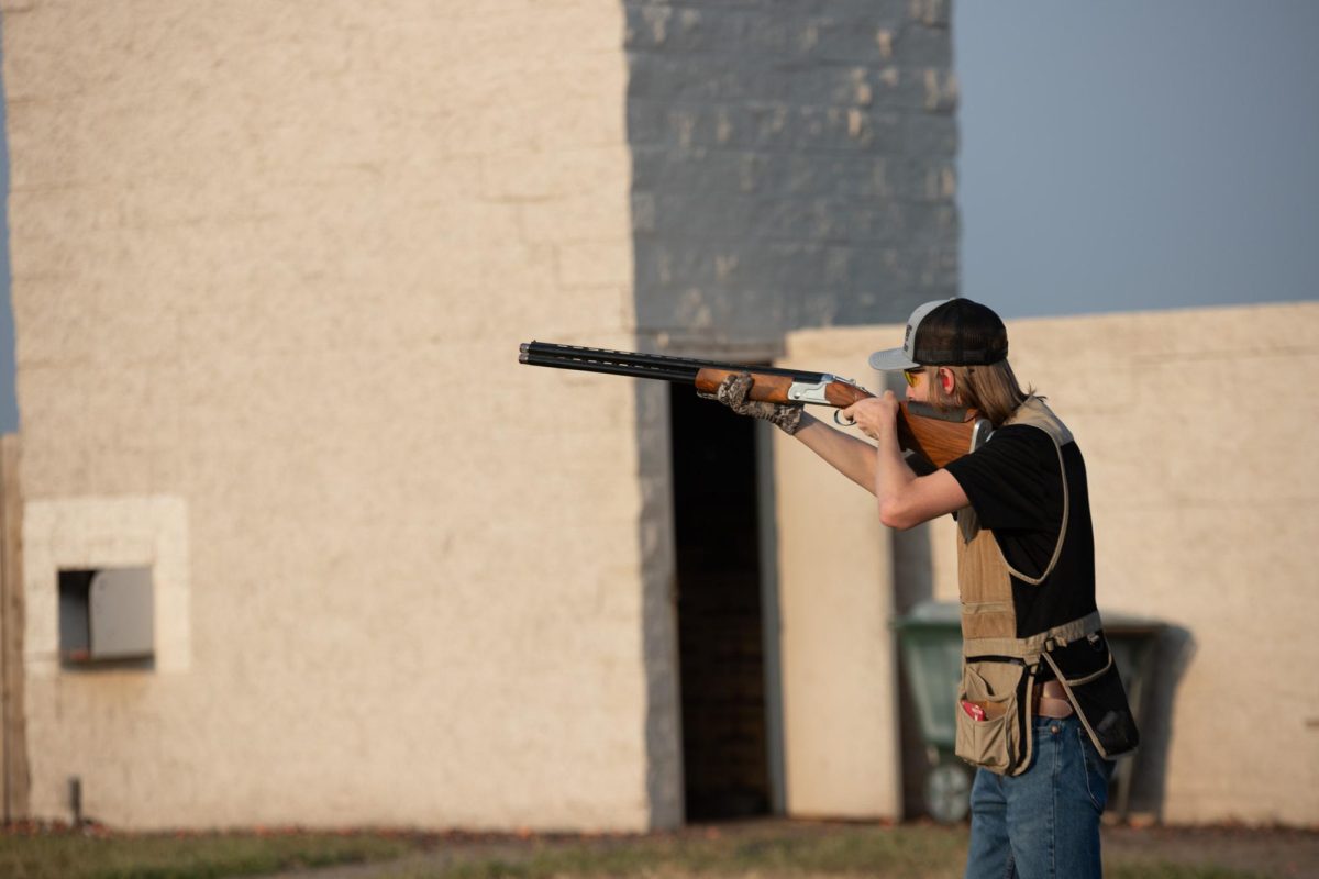 Hunter Orr tries shooting clay pigeons during the Wichita State Shooting Team practice on Sept. 6. The team hosts practice at Ark Valley Gun Club three times a week and competes about once a month in Kansas and surrounding states. 