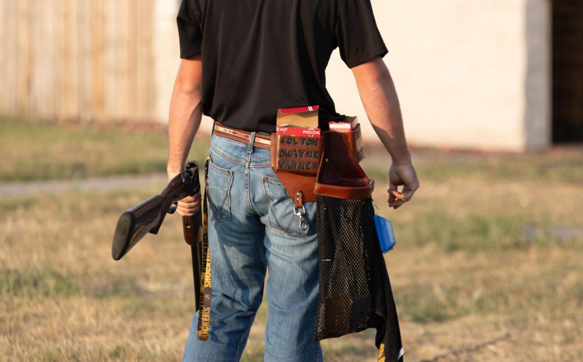 Shooting Team Vice President Kolton Varner sports his customized ammunition pouch on Sept. 6s practice.