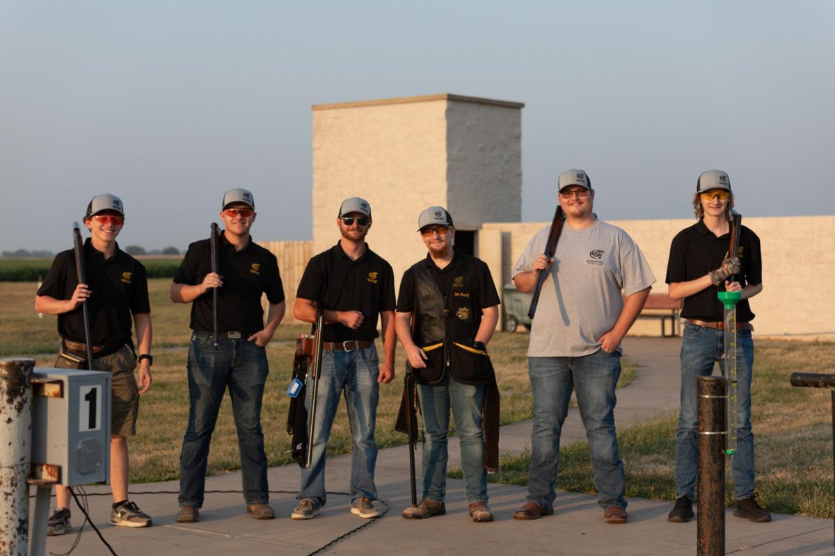 Jacob Jacot, Daniel Mullen, Kolton Varner, Tyler Bayliff, Cody Bremenkamp and Hunter Orr pose for a photo on Sept. 6. The WSU Shooting Team hosts practice at Ark Valley Gun Club three times a week and competes about once a month in Kansas and surrounding states. 