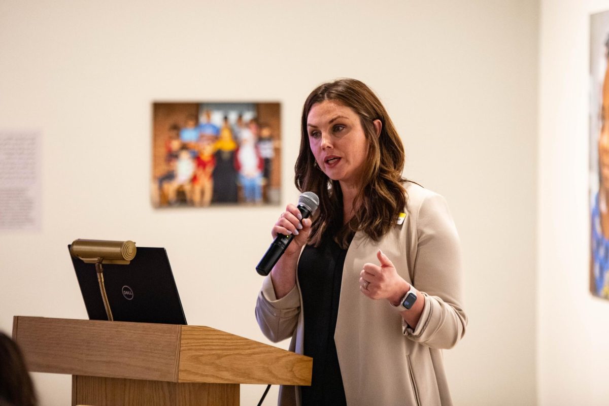 LaTasha St. Arnault, the HumanKind president and CEO, speaks on the issue of homelessness in Kansas at the Ulrich Museum of Art on Sept. 12.
