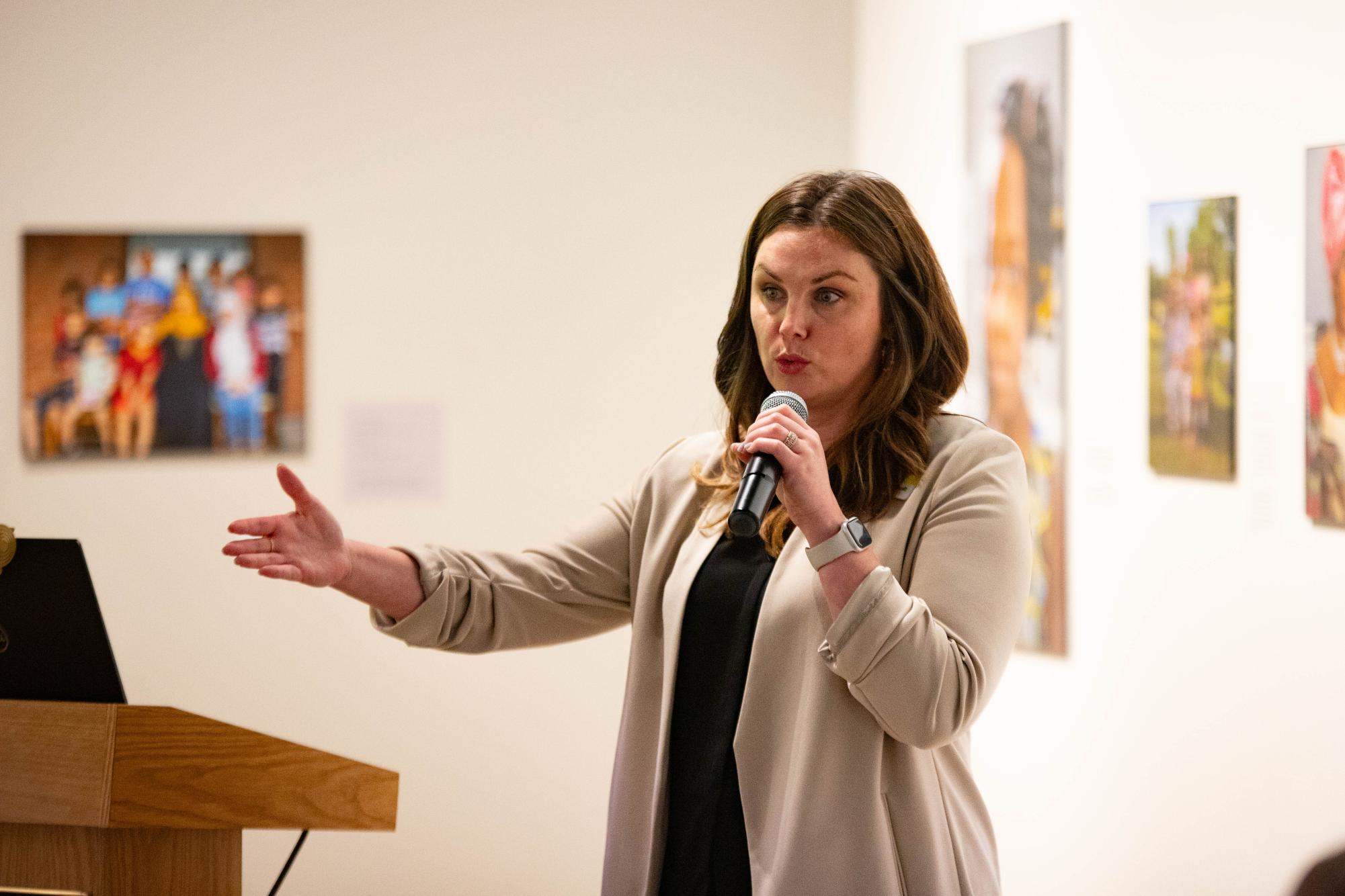 LaTasha St. Arnault, the HumanKind President and CEO, speaks on the issue of homelessness in Kansas at the Ulrich Museum of Art on Sept. 12.