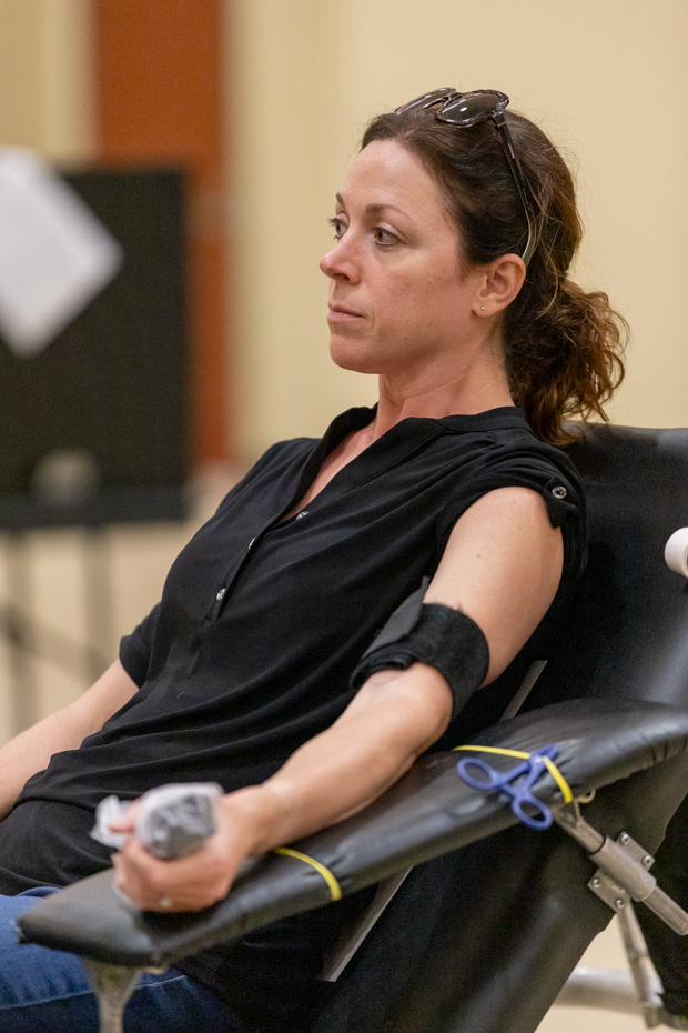 Andrea Glessner, a staff member with Wichita State, waits before her blood draw. The Blood Draw event, hosted on Sept. 5 and 6, took place in the RSC.