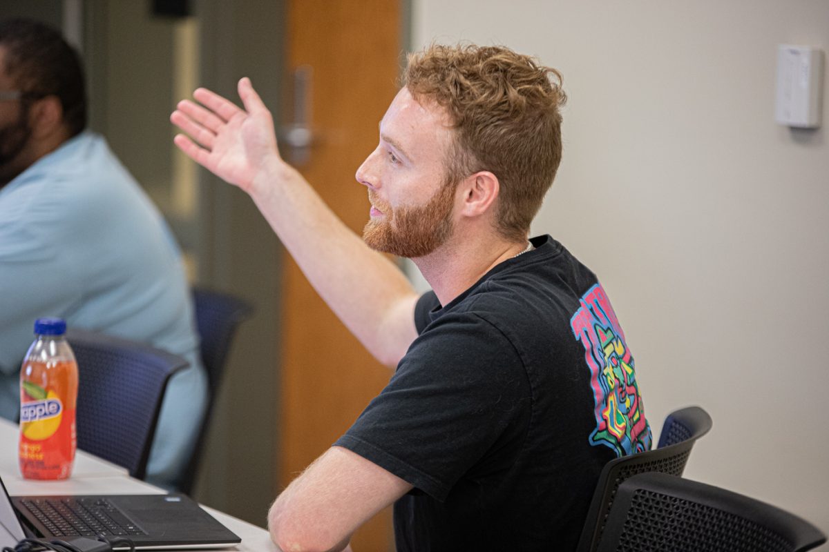 Reilly Jensen, a first-year graduate student who studies biomedical engineering, asks about the application process at the National Science Foundation fellowship workshop on Sept. 14.
