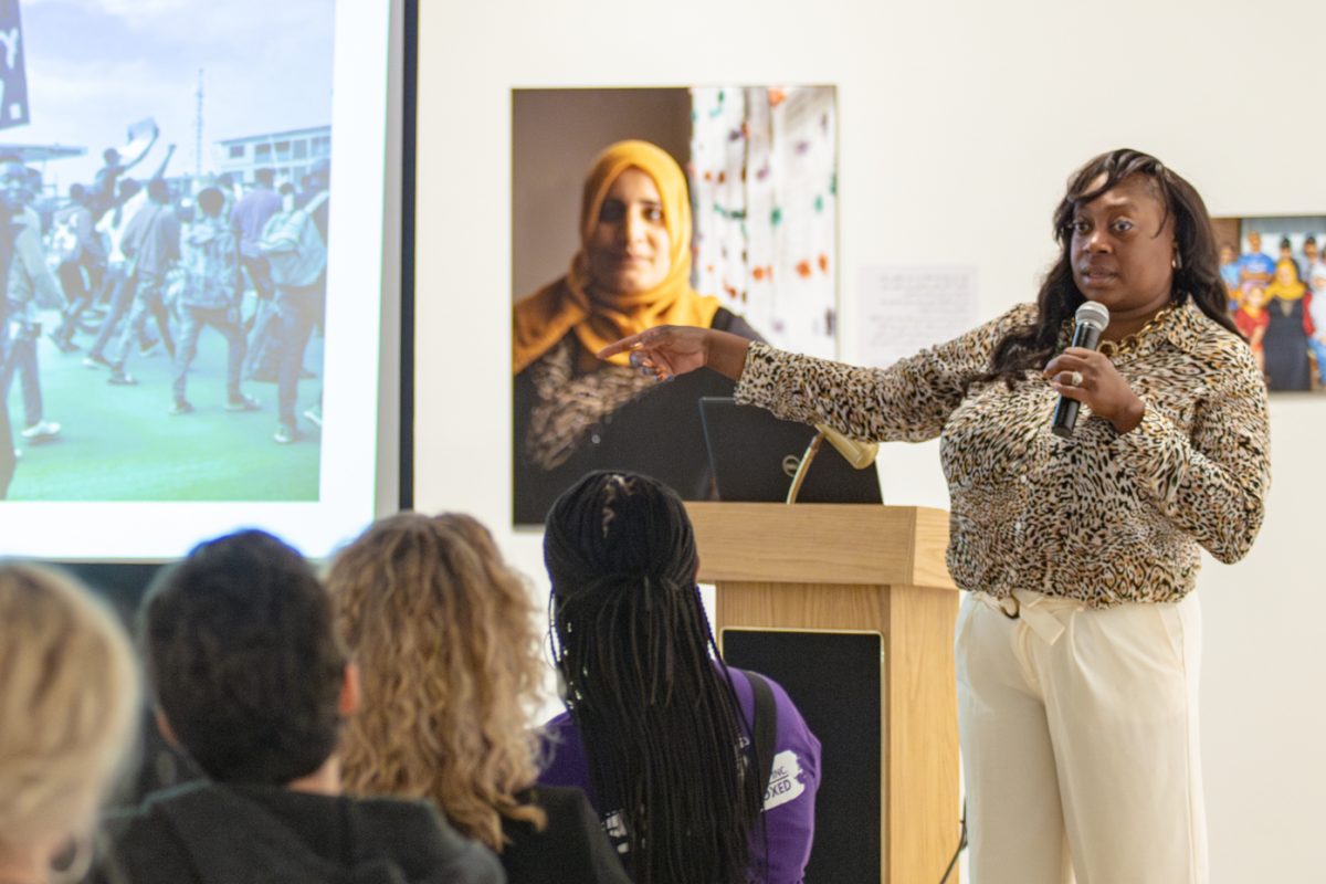 Marquetta Atkins-Woods speaks about her appreciation and hope for the new generation during a talk event at the Ulrich Museum of Art on Sept. 5. The talk was titled “Social Justice in Our Community.