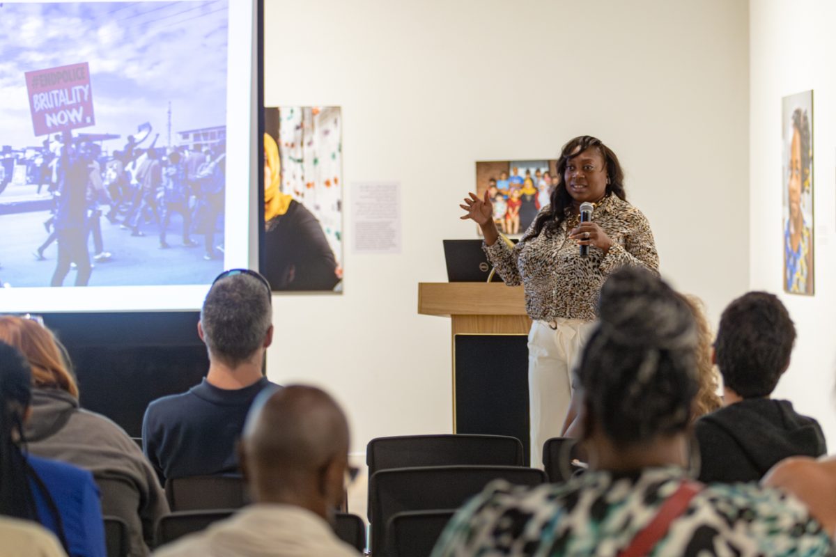 Marquetta Atkins-Woods speaks about her appreciation and hope for the new generation during a talk event at the Ulrich Museum of Art on Sept. 5. The talk was titled “Social Justice in Our Community.