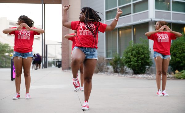 Aubany Russell, Jakia Logan, and Ashlynn Clark step at the National Pan-Hellenic Council Yard Show on Aug. 31. The members were all part of Delta Sigma Theta.
