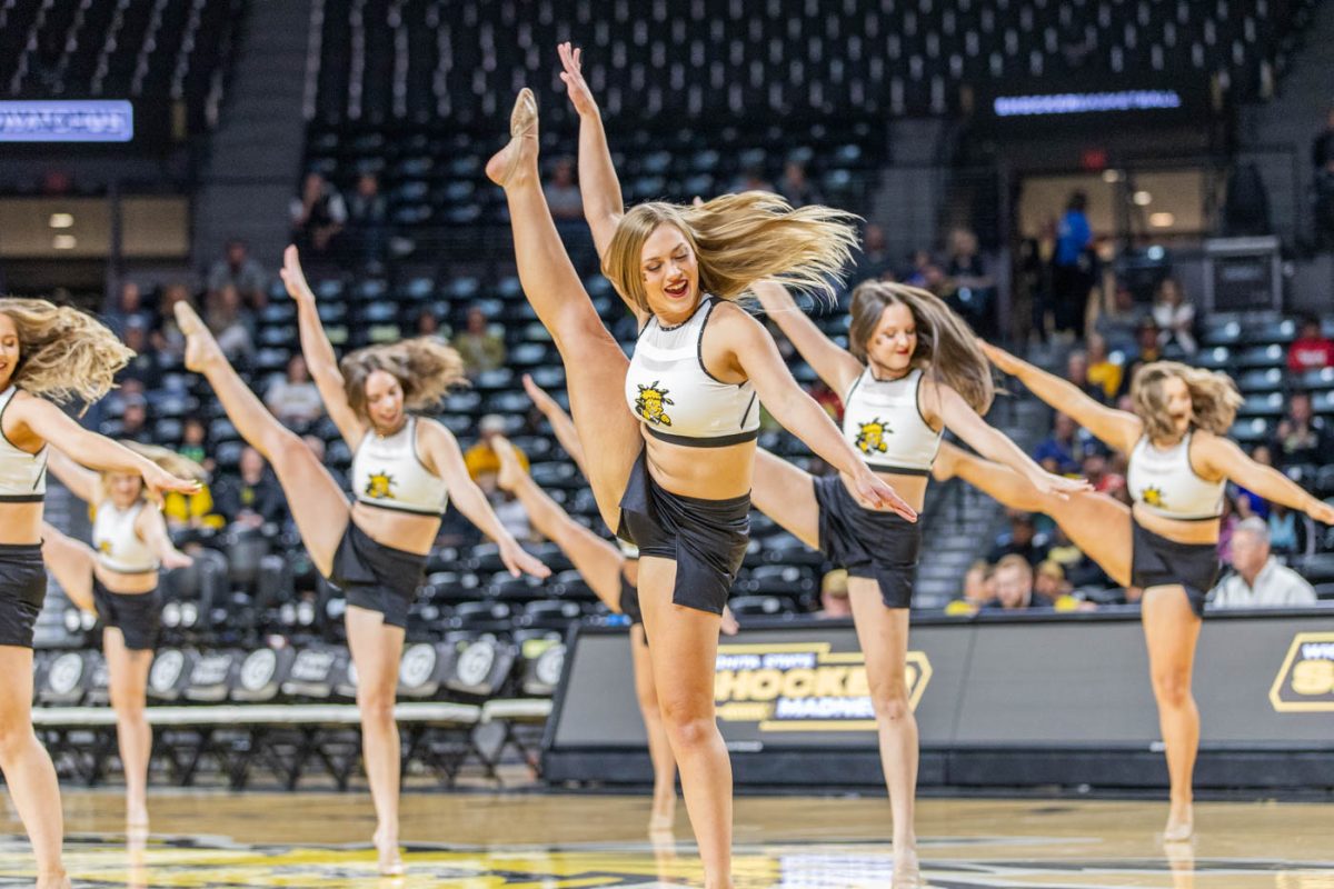 Wichita+State+dancers+do+turns+and+kicks+during+their+Shocker+Madness+routine+in+Charles+Koch+Arena.