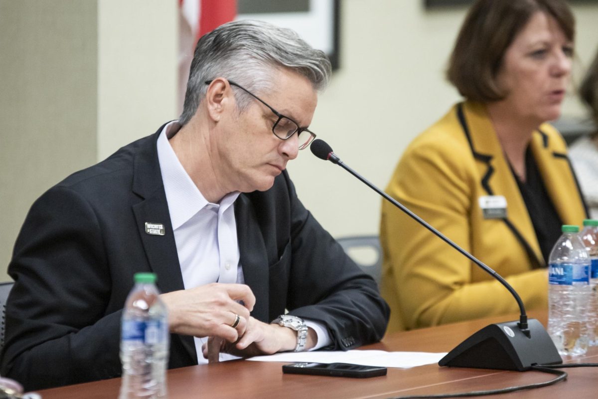 Wichita State University President Richard Muma at the Student Government Association Town Hall on Oct. 26. 