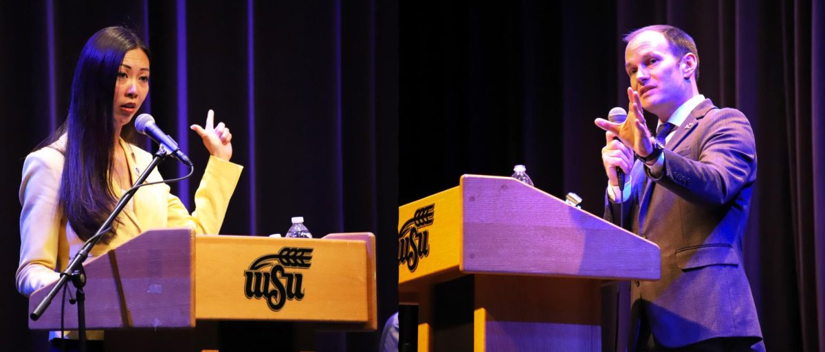 Lily Wu and Brandon Whipple debate at a mayoral forum at Wichita State on Oct. 18 (Photo illustration)