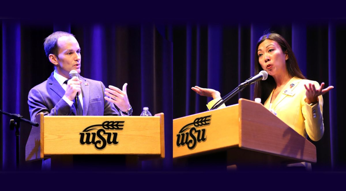Brandon Whipple and Lily Wu debate at a mayoral forum at Wichita State on Oct. 18 (Photo illustration)