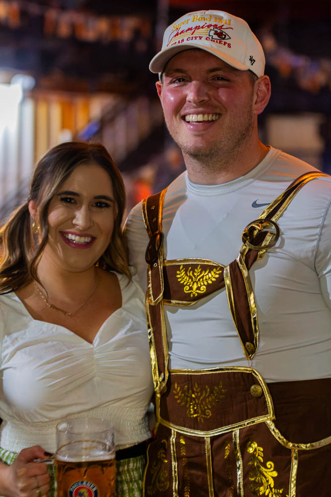 Halsten Amend and Mitchell Capeland show their support for German heritage as they sport a bavarian dress and lederhosen. Both Wichita natives, they claim that they are stinemembers of Revolutsia and have gone to this  Oktoberfest event at least 3 years in a row!