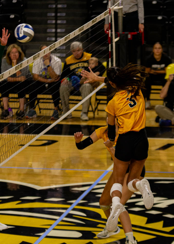 Brylee Kelly spikes the ball over the net.