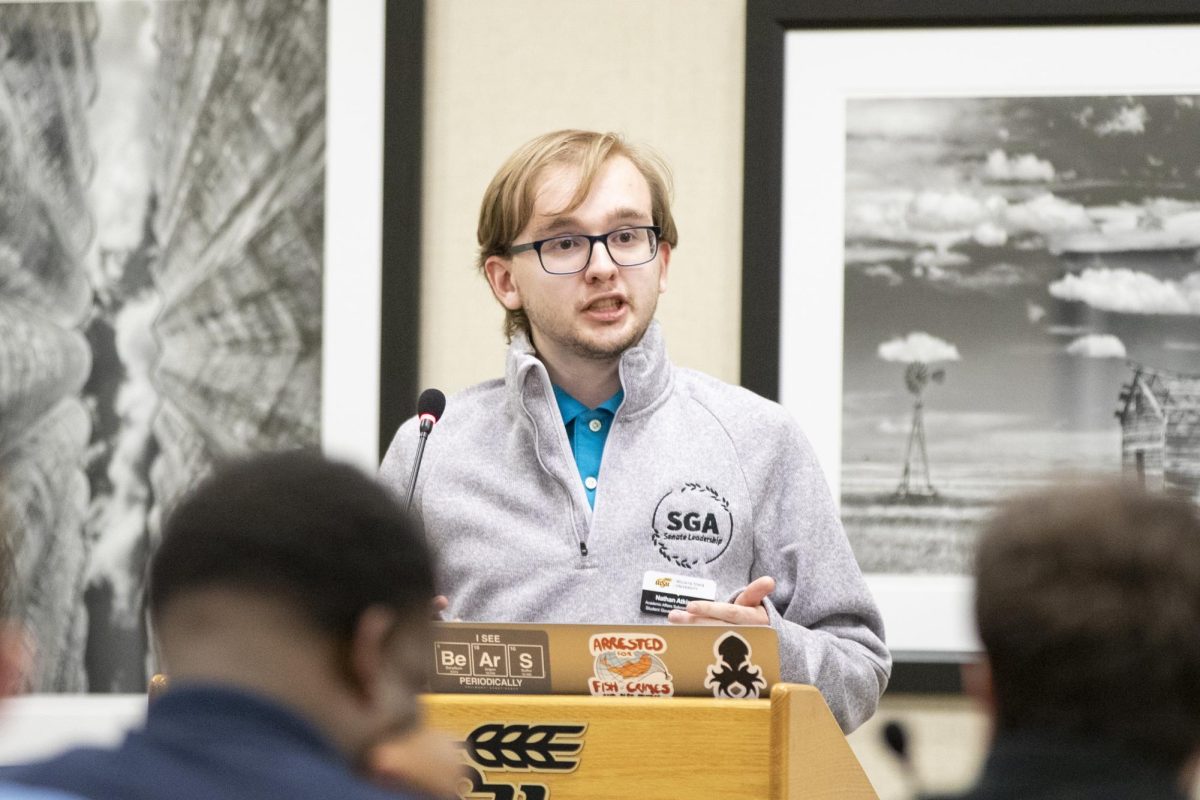 Chairperson Nathan Atkison speaks to the Student Senate on Oct. 4.