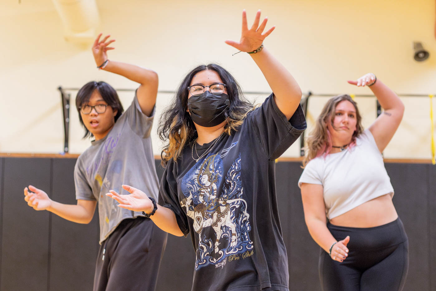 Anthony Le, Diane Intha, and Ella Malicoat dance to their routine of Red Moon on Oct. 25. KVersity, the dance group, hosts practices at Heskett and offers workshops to new dancers.