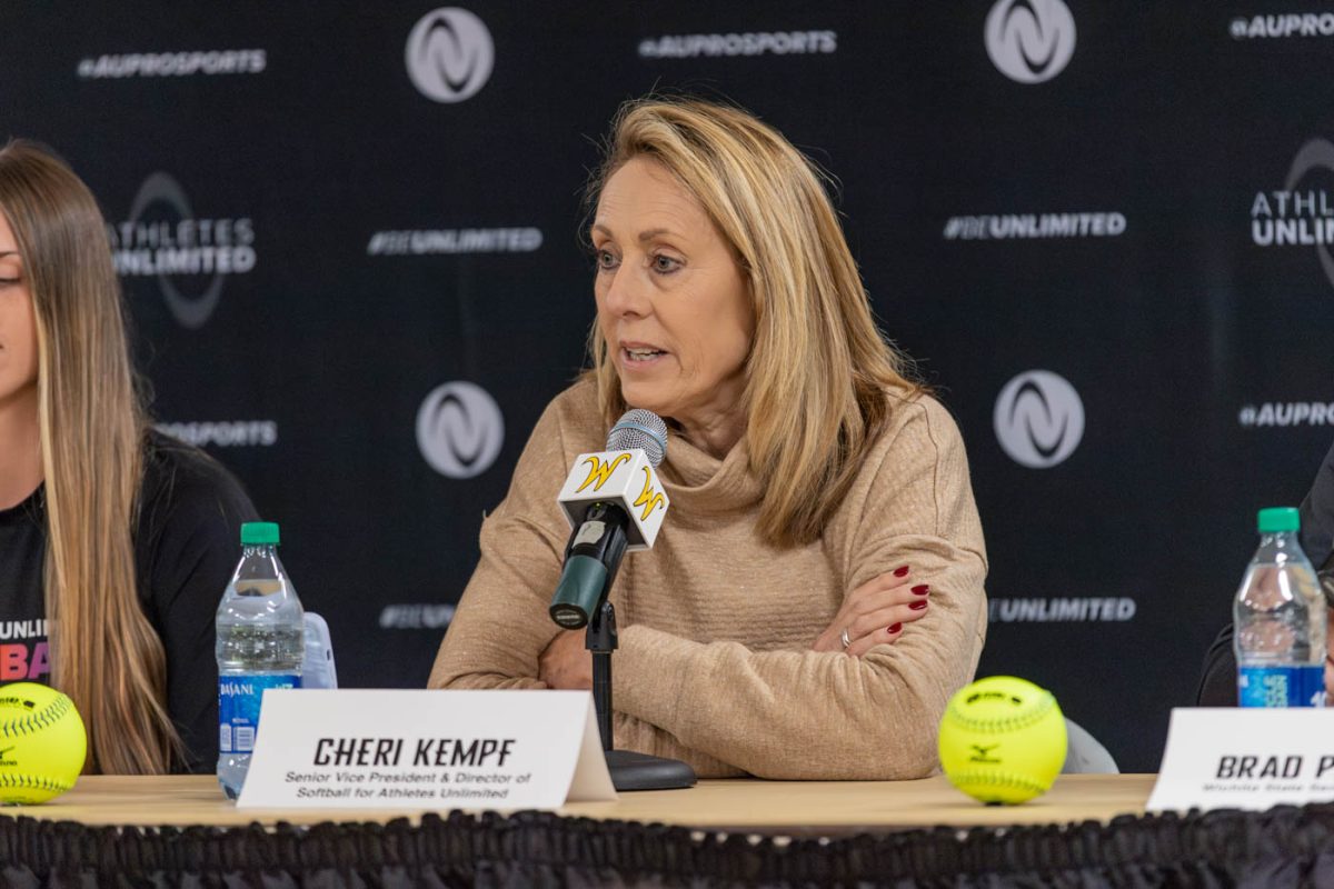 Cheri Kempf, the senior vice president and director of softball for Athletes Unlimited, speaks during the Nov. 17 press conference in Heskett Center.