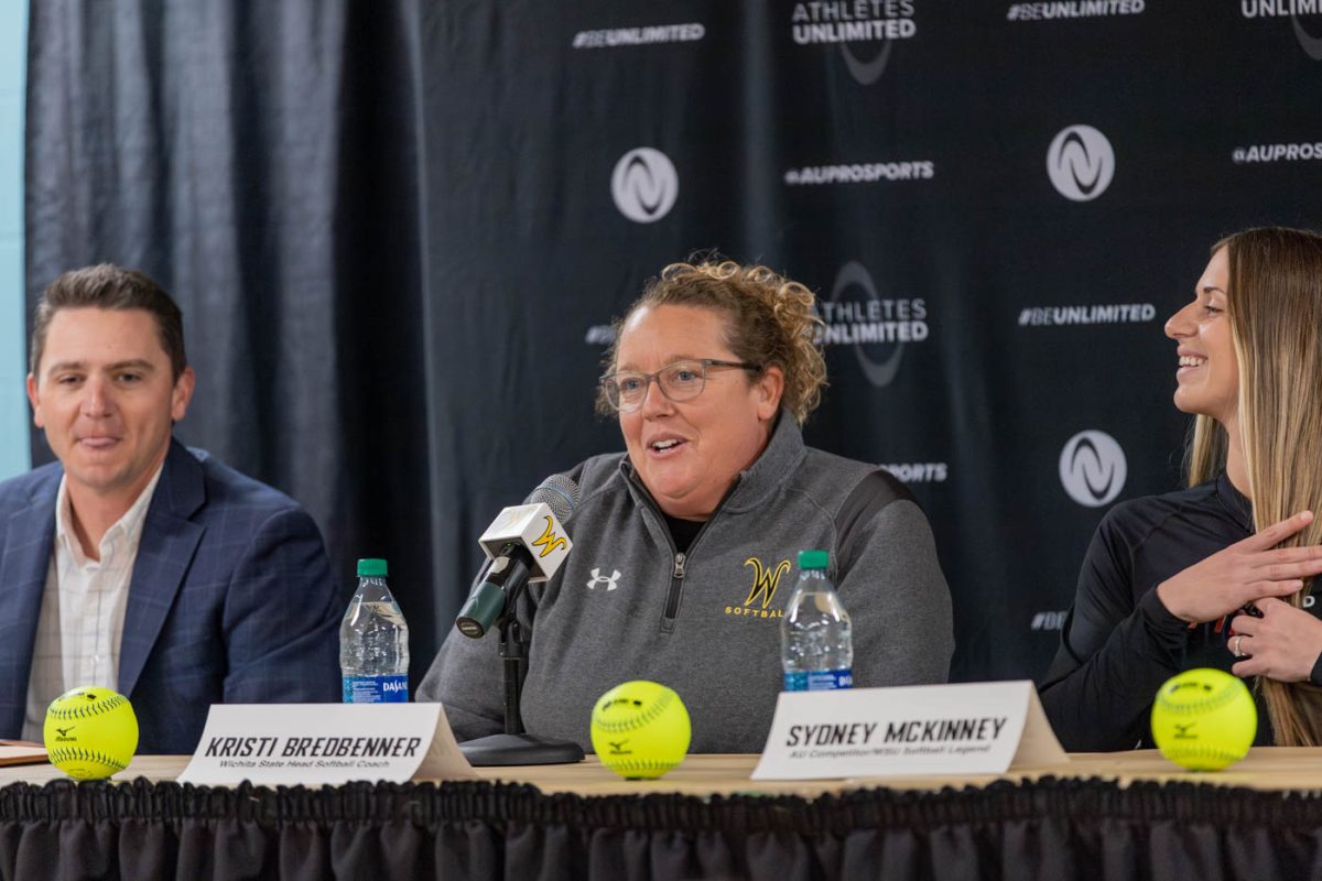 Kristi Bredbenner, the Wichita State head softball coach, speaks during the Nov. 17 press conference announcing Athletes Unlimited's commitment to Wilkens Stadium.