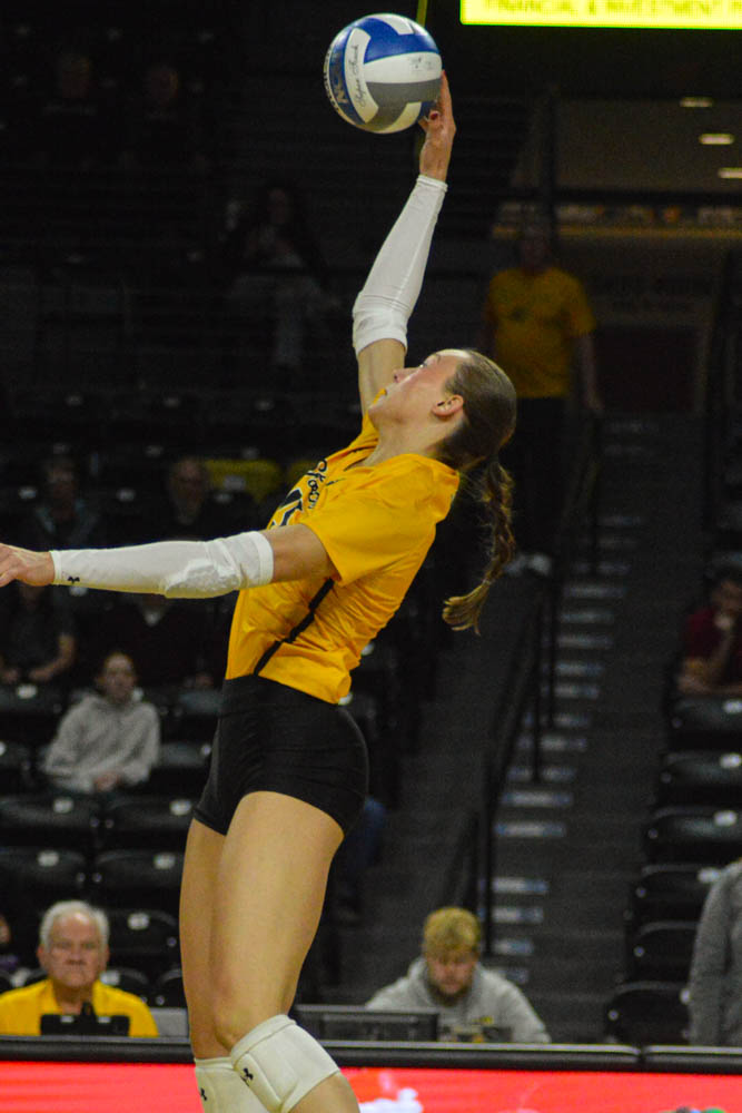 Redshirt junior Morgan Stout flys into the air for the ball on Nov. 11 against the University of Texas at San Antonio