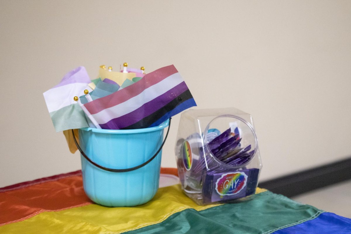 A bucket of pride flags and a jar of safe sex tools, including internal and external condoms, sit on the Spectrum: LGBTQ & Allies informational table. Along with engaging in advocacy for transgender people, the group also shares safe sex resources.