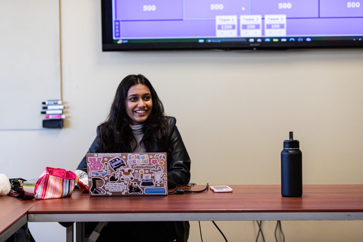 Anoushka Raju, president of Ambassadors for Diversity and Inclusion, leads the Tradition Jeopardy game on Nov. 1. The game and event was a part of Student Government Associations annual Diversity Week.