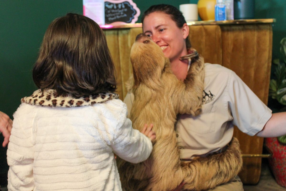 Stacey with Tanganyika Wildlife Park put on educational sessions in GROW Giesen Plant Shop on Nov. 5. Community members that paid for the event were able to meet Chewbacca (Chewy) the sloth at the event, which offered pictures, petting, and a Q&A session.
