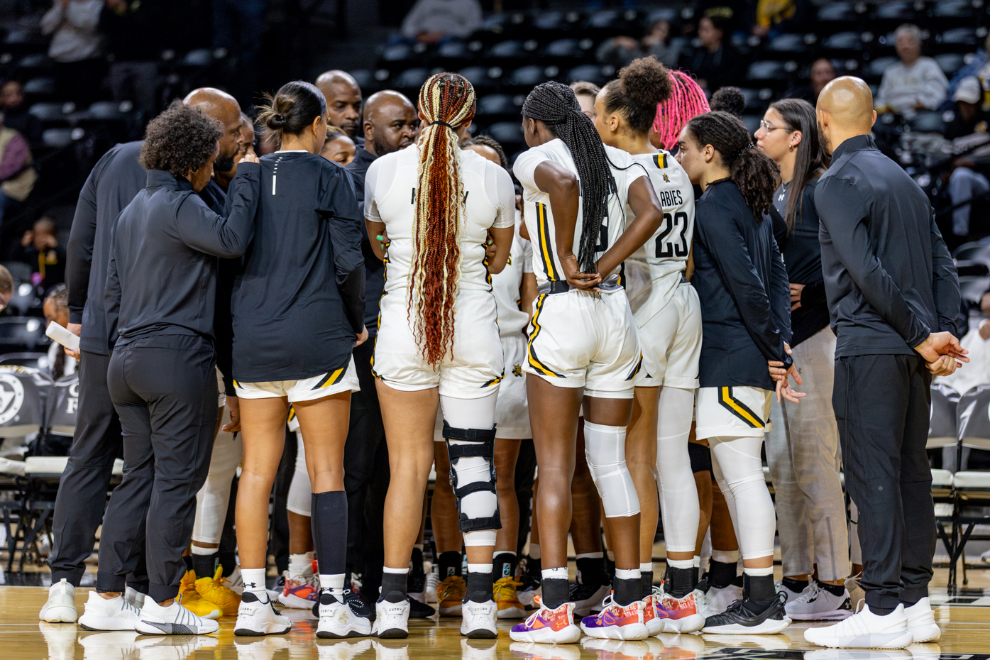 The Wichita State womens basketball team huddles together before the start of their Wednesday night match against Missouri Southern State University on Nov. 1.