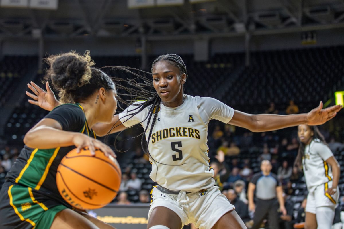 Ornella Niankan defends her side of the court from opposing team Missouri Southern State. Niankan, a 6-foot-1 junior, scored 5 points in the Nov. 1 exhibition match.