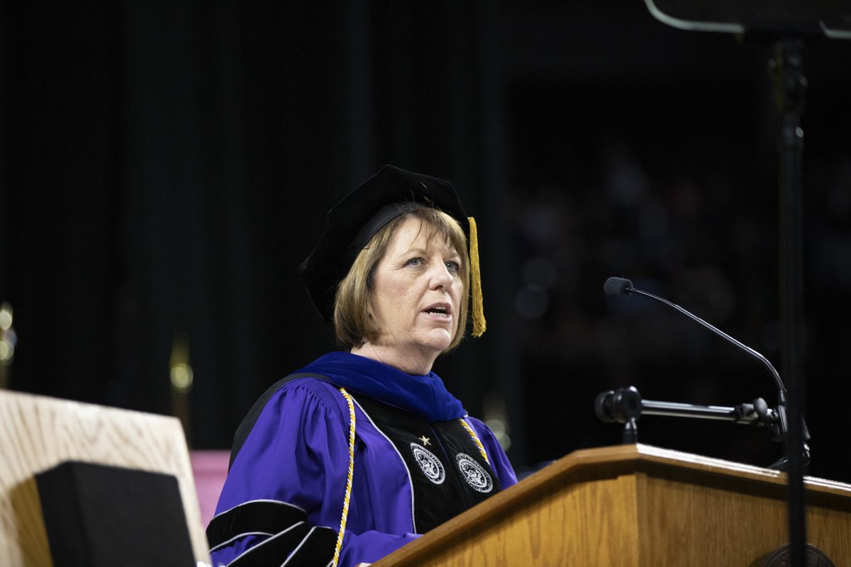 Executive Vice President and Provost  Shirley Lefever gives a speech during the 126th Commencement on Dec. 17.