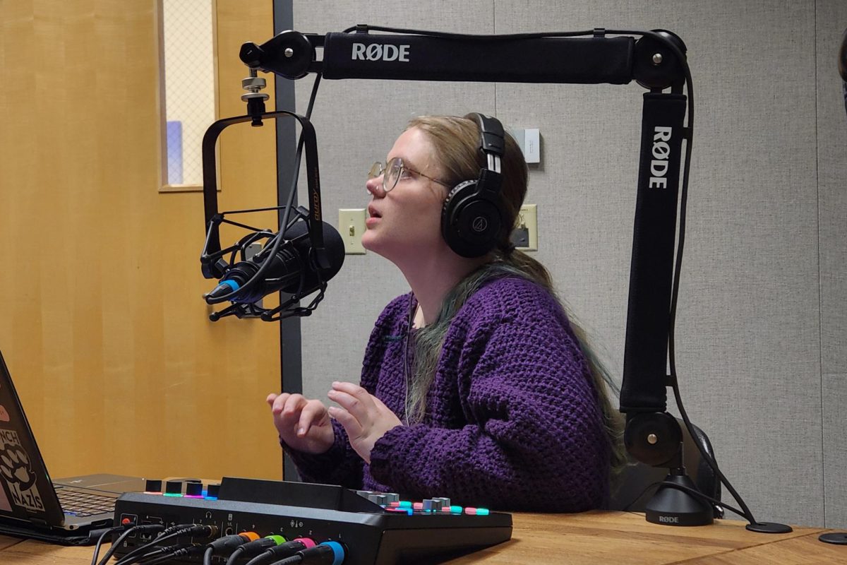 Sunflower News Podcast host Jacinda Hall interviews WSU grad student Shania Burkhead on Jan. 23.