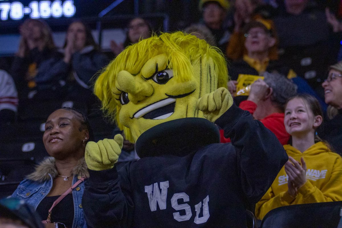WuShock dances with the crowd for dance cam during the Wichita State versus Southern Methodist game on Jan. 28.