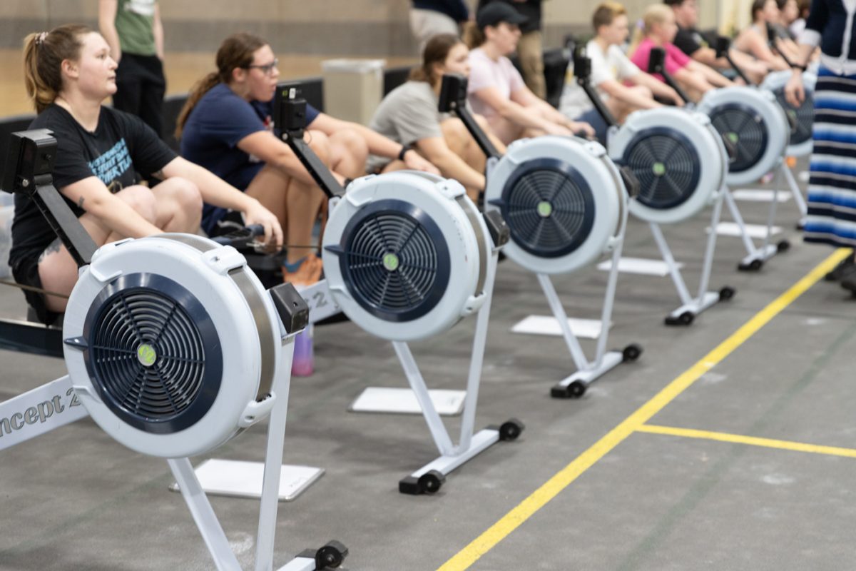 The Wichita State rowing team practices on ergometer machines in the Heskett Center gymnasium. The rowing team uses ergometer machines on Tuesdays and Thursdays in preperation for their spring season.