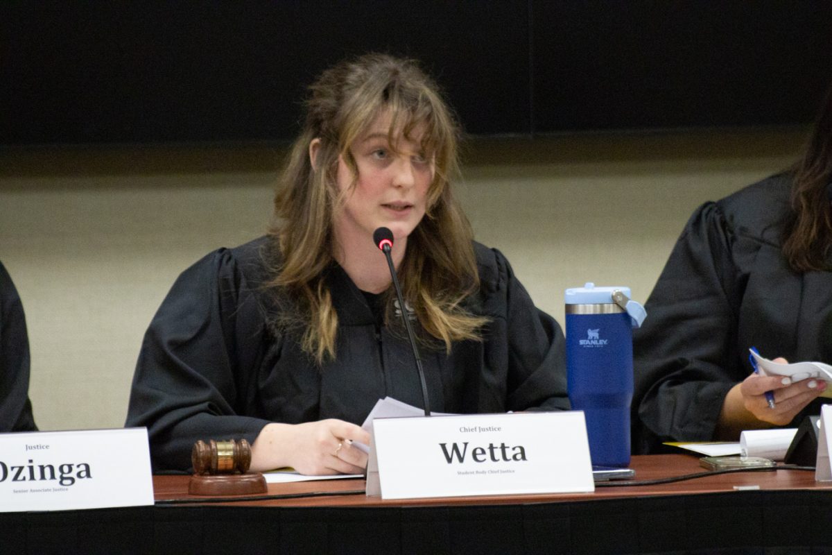 Chief Justice Maureen Wetta brings the Supreme Court meeting to order on Jan. 30. The court gathered to review a claim submitted by Vishnu Avva regarding the required number of votes for a special election and unclear language in the SGA constitution.