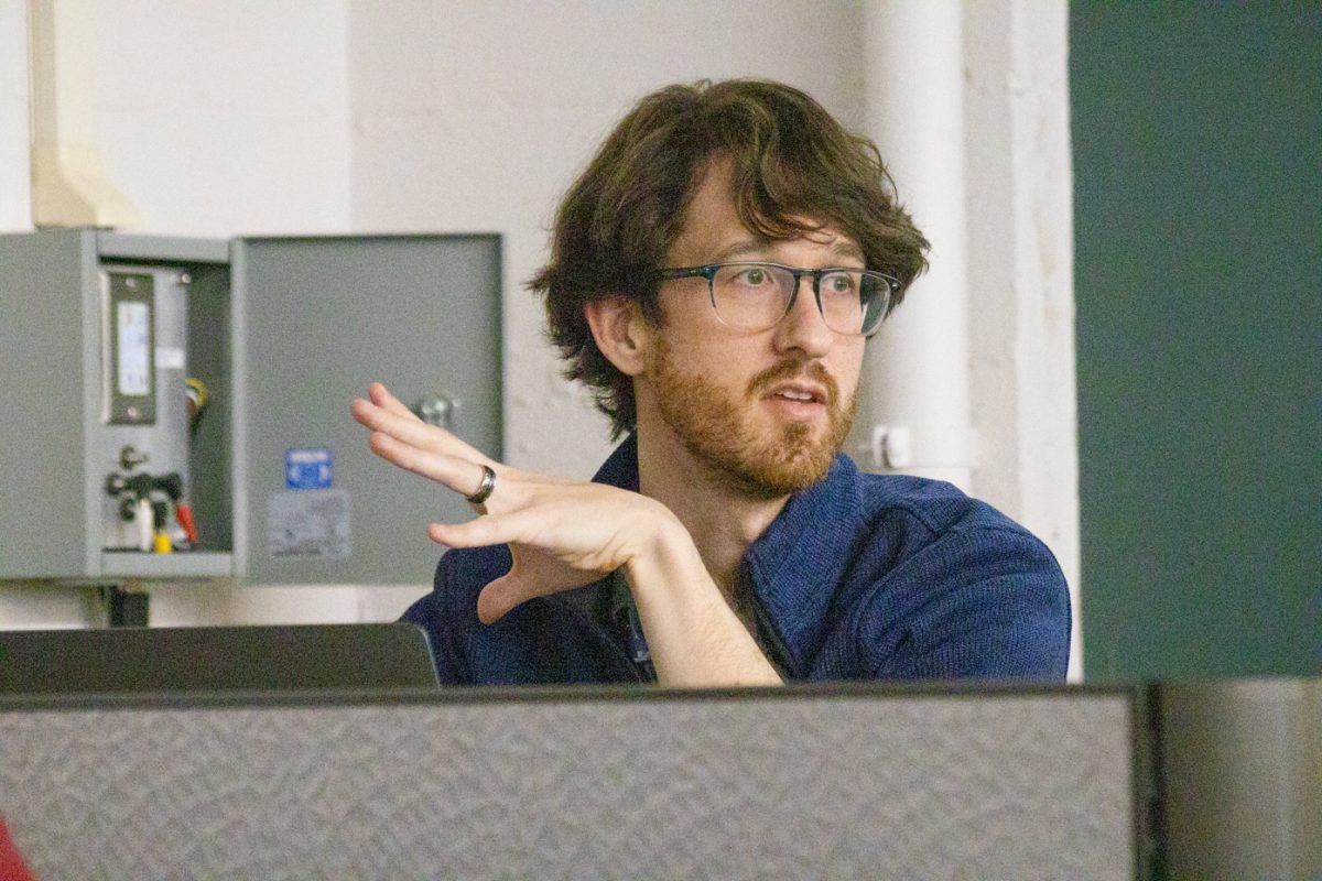 Joshua Smith, a graphic design assistant professor, walks his students through the basic principles of Adobe animation and art software. Smith asked his students to give him a thumbs up if they understood the course content, and used such reactions to gauge where students were struggling.