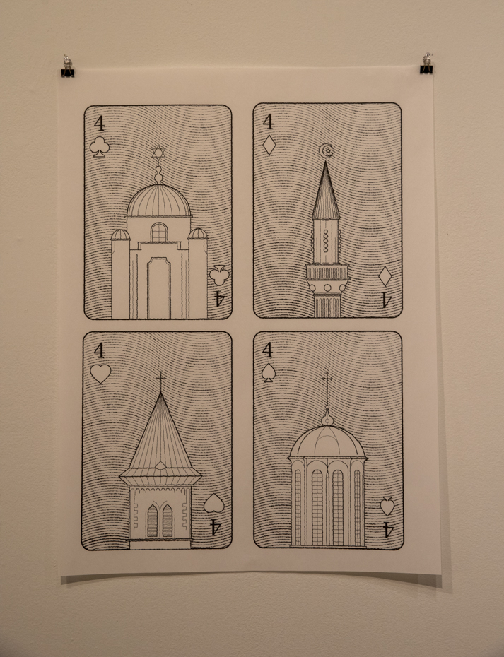 Students from Wichita State University and the Academy of Fine Arts in Sarajevo were assigned to create decks of cards representing significant stories from their region. The deck of cards varied in design with some having illustrations, photographs, and text.