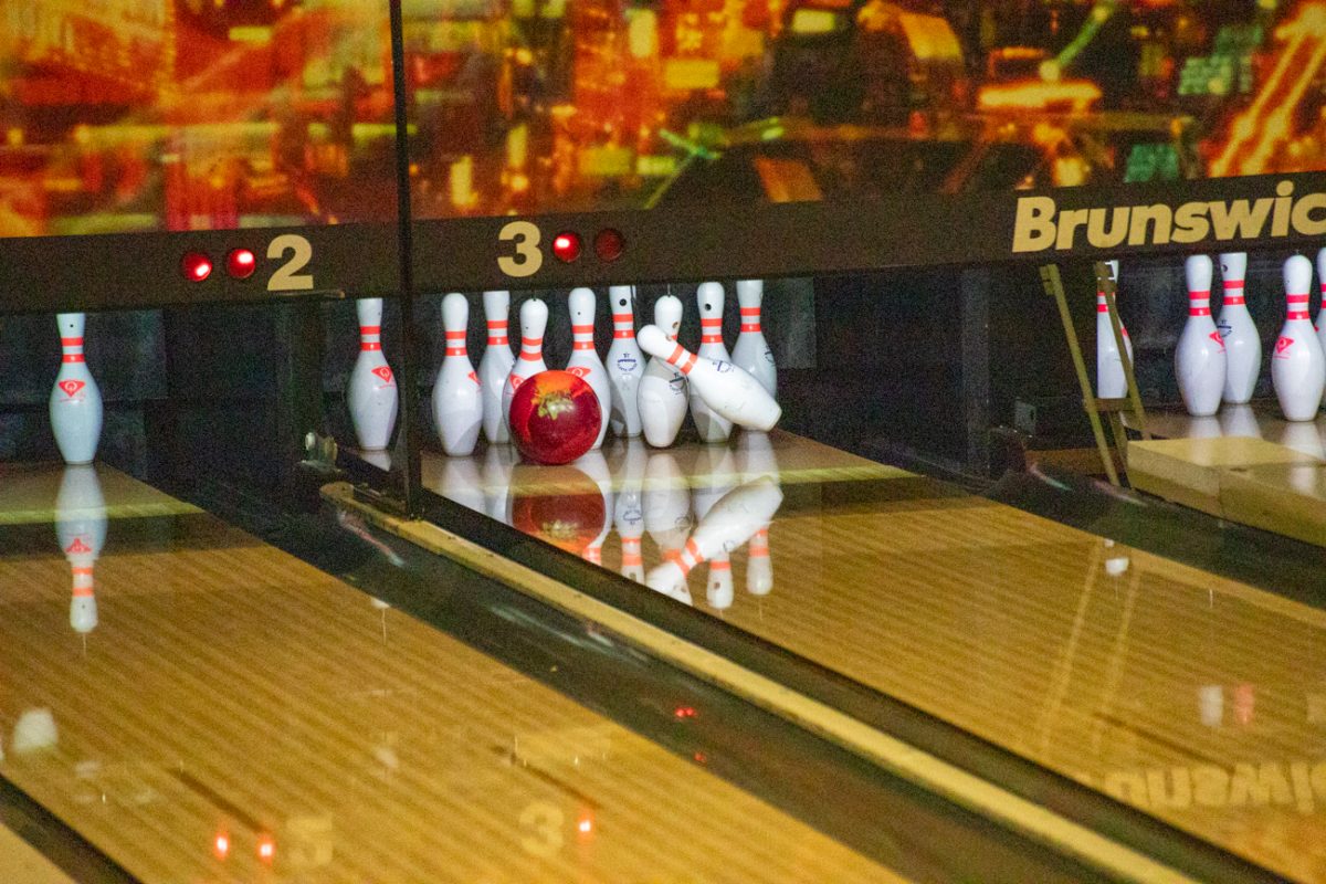 A bowling ball strikes pins during a Wednesday afternoon practice on Feb. 21.