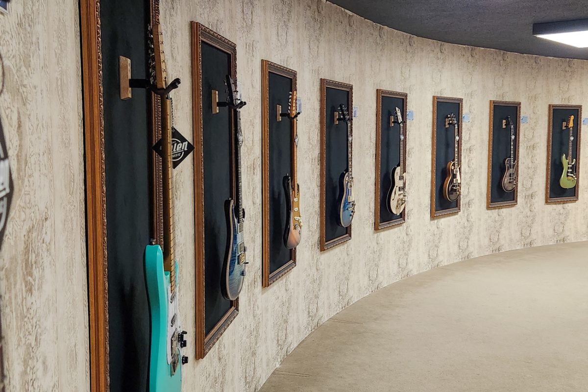 Before housing music stores, Palen Music Wichitas building was a bank. That banks vault is now home to the Palen Vault, which features Palens most ornate guitars.