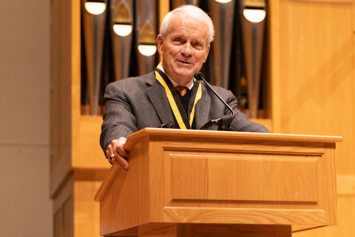 Gary Bender gives a speech at the Fairmount College of Liberal Arts and Sciences Hall of Fame induction on Feb. 6 in Wiedemann Hall. Bender graduated from Wichita State in 1962 with a degree in Speech. Bender came to prominence for his work in CBS sportscasting.