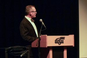 Jeffrey Jarman, director of the Elliott School of Communication, speaks at the screening of the "Unwarranted" documentary at Wichita State. Jarman moderated a panel, which discussed the documentary's creation on Feb. 4, 2024 (File photo).