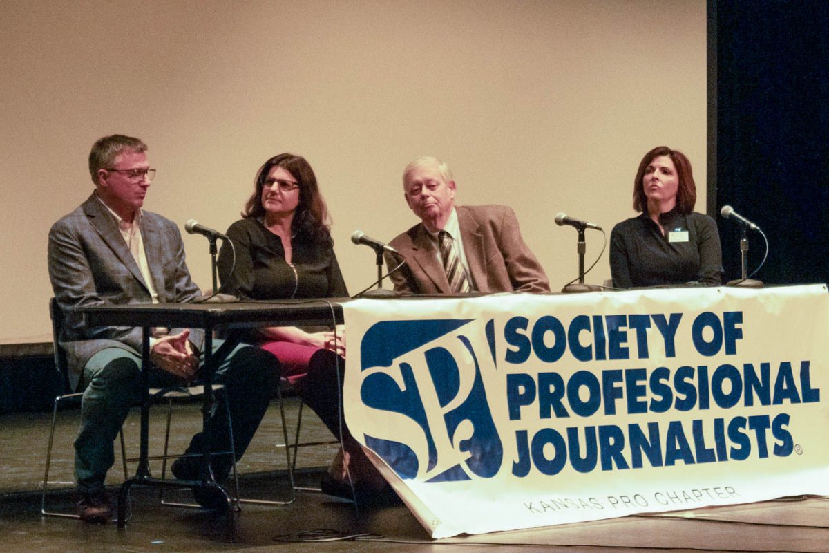 Documentary producers Travis Heying and Jaime Green; Eric Meyer, son of Joan and owner of the Marion County Record; and Emily Bradbury, executive director of the Kansas Press Association, answer questions on a panel about the Unwarranted documentary. The documentary, focusing on Joan Meyer and the Marion County Record raid, was shown at Wichita State on Feb. 1. 