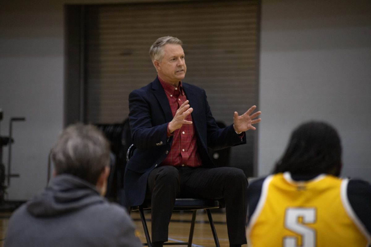 Sen. Roger Marshall talks to the Wichita State womens basketball team on Feb. 19.