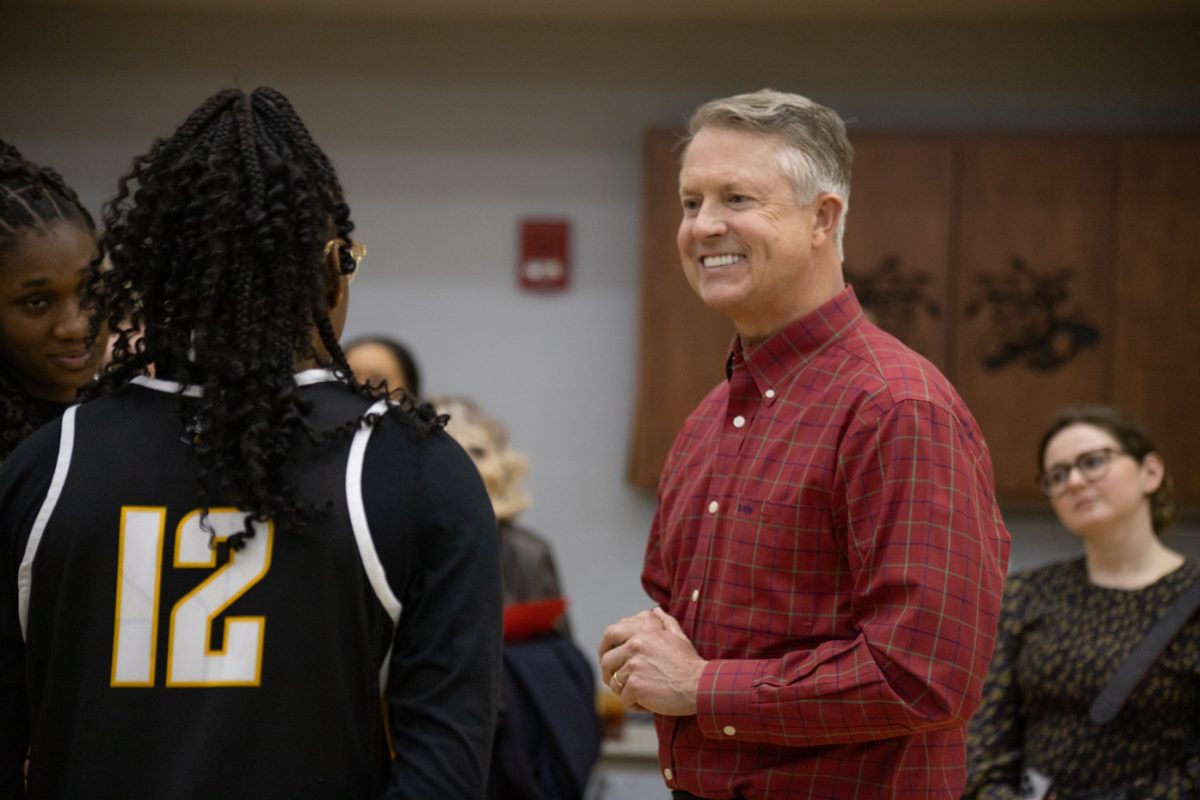 Sen. Roger Marshall talks to the Wichita State womens basketball team on Feb. 19.