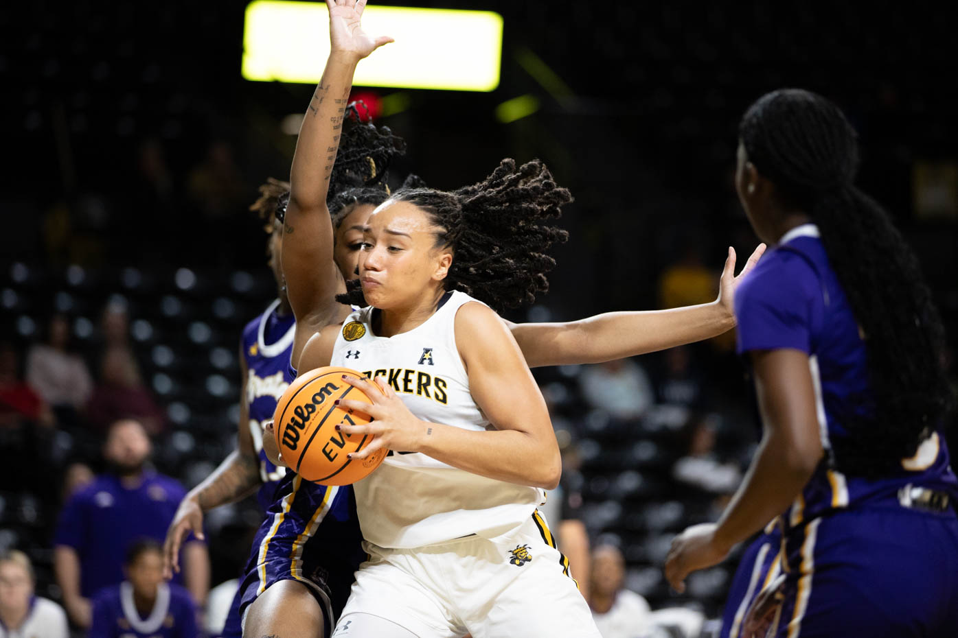 Daniela Abies, a sophomore forward for the Shockers, makes a move in the post against the East Carolina defense. Abies put up six points and eight rebounds in a loss to the Pirates on Feb. 4.