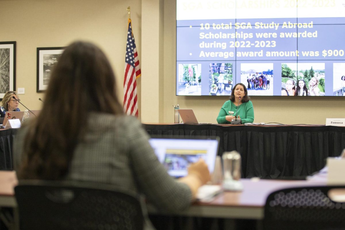 Ann Burger, associate director for Study Abroad and exchange programs at Wichita State, speaks to the Student Fees Committee on March 4.