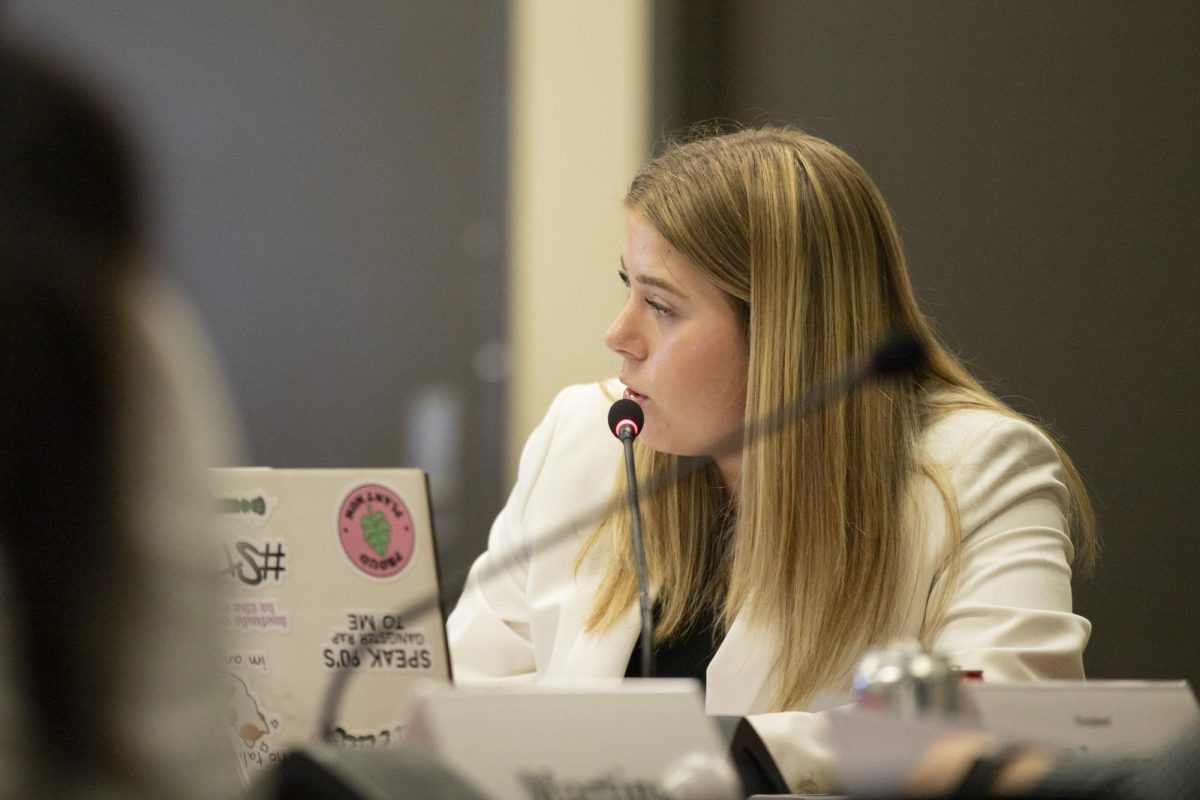 Kylee Hower asks Vanessa Souriya-Mnirajd, the director of TRIO-Disability Support Services, a question during day one of the Student Fees Committee Hearings. Hower serves as the speaker of the senate for the Student Government Association.