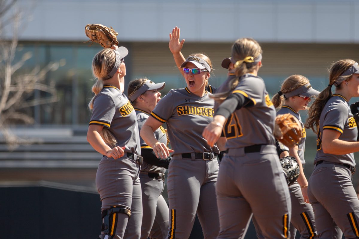 Softball players celebrate after a good play against Florida Atlantic on March 10 at Wilkins Stadium.